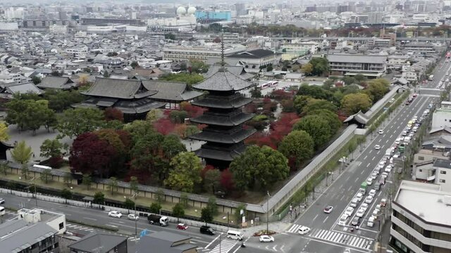 Drone flying above buddhist temple in Kyoto, Japan. 
