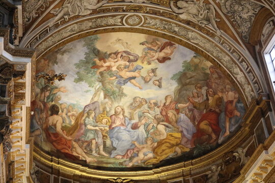 Ceiling Fresco Depicting the Multiplication of the Loaves of Breads and Fishes Close Up at the Sant'Andrea delle Fratte Church in Rome, Italy