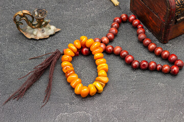 Rosary, candle and candlestick. Attributes of spiritual religion