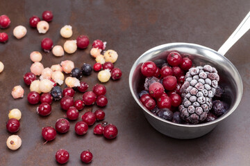 Frozen berries in metal bowl. Red currants on metal.