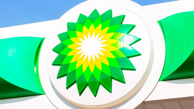 BP - British Petroleum petrol station logo over blue sky