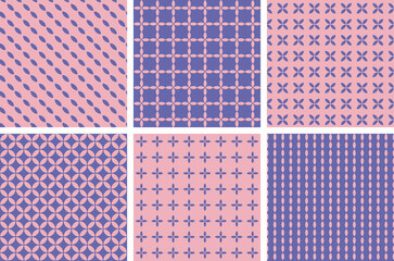 Set of geometrical shapes seamless repeat pattern backgrounds. Very Peri and pink vector elements all over surface print collection.