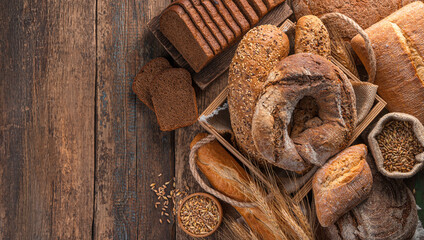 Fototapeta na wymiar Crispy, fresh bread of various kinds on a wooden background.