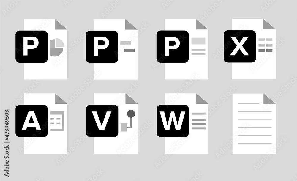Poster Set of Document File Formats and Labels icons. Vector illustration. Microsoft. Black white color.