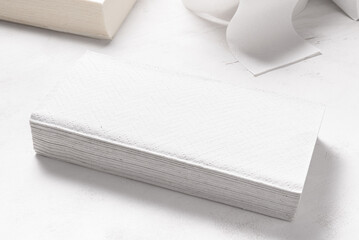 Set of different paper hand towels on wooden desk
