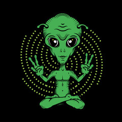 Little green alien meditating. Alien Yoga showing piece signs. Space ships.Vector Illustration. - 473949766