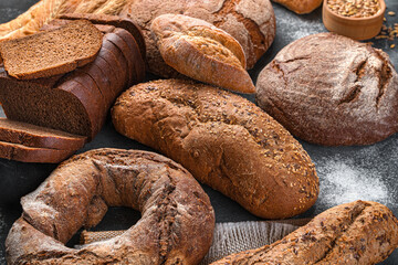 Bread of different types in close-up. Bakery products.