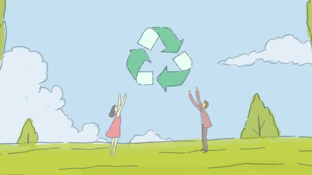 Animation of people and Recycle logo, on the cloudy blue sky background, Save the planet, world environment day, ecology nature clean saving energy