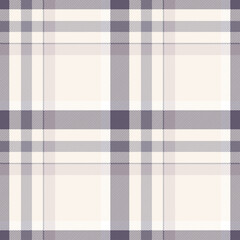 Seamless plaid pattern in pastel cream, muted purple, dusty pink, gray and white. All over classic fabric print.