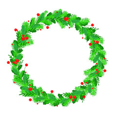 vector green christmas wreath. flat image of a wreath of fir branches and berries