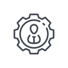 Person inside gear line icon. Personal progress vector outline sign.