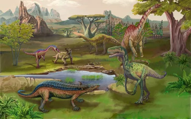 Foto op Aluminium Scene with dinosaurs Asteroid explosion at the end of the prehistoric Jurassic, Cretaceous or Triassic era. Dinosaurs in prehistoric environment. Retro cartoon style abstract isolated illustration_04 © David Costa Art