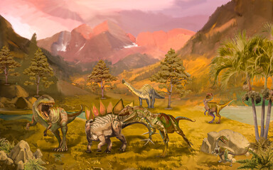 Scene with dinosaurs Asteroid explosion at the end of the prehistoric Jurassic, Cretaceous or Triassic era. Dinosaurs in prehistoric environment. Retro cartoon style abstract isolated illustration_05 © David Costa Art