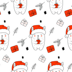 Hand drawn vector cute cartoon seamless pattern with pastel colors illustration Santa rabbit and Christmas tree on for baby textiles, gift wrapping paper, linen fabric, fabric texture.