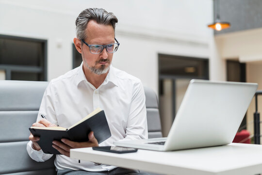 Male entrepreneur with book looking at laptop in office