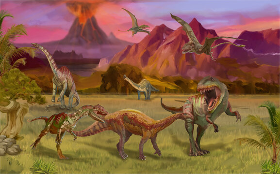Scene with dinosaurs Asteroid explosion at the end of the prehistoric Jurassic, Cretaceous or Triassic era. Dinosaurs in prehistoric environment. Retro cartoon style abstract isolated illustration_03