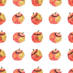 Stuffed apple in seamless pattern on white background. Watercolor hand drawing illustration. Sweet autumn dessert. Perfect for fabric, textile, wallpaper.