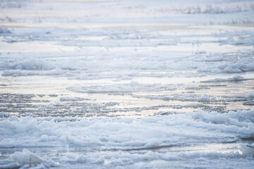 Cold winter morning, the water of the Venta river freezes, Kuldiga, Latvia