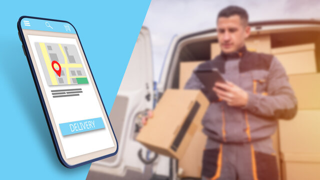 Courier delivery of goods. The delivery application on the smartphone screen. Courier application. Deliveryman with a box. The courier looks at the delivery data in the mobile app.  3d image.