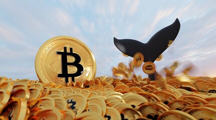 Bitcoin whale , whale in many bitcoin ocean and one big bitcoin . Whale is large investor in the BTC market .3D Rendering.