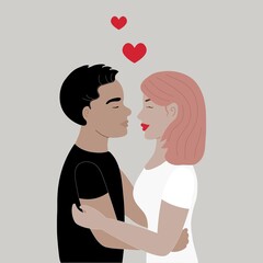 Couple in love. Girl with pink hair. Vector illustration. Velentines day greeting card