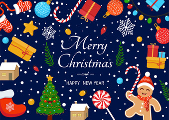 New Year card with fir tree, gingerbread man, sweets, gifts, garlands. Merry Christmas and Happy New year illustration. Winter holidays.