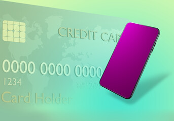 Payments in the mobile app. Smartphone on the background of a credit card. Purchases on credit. Payments using a bank card. Payment application in a mobile phone. Online banking. 3d image