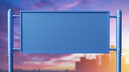 Obraz premium Billboard on the background of the city at sunset. Empty banner for outdoor advertising. Blue billboard mock-up on two supports. Street advertising, promotion. Place for message on poster. 3d image