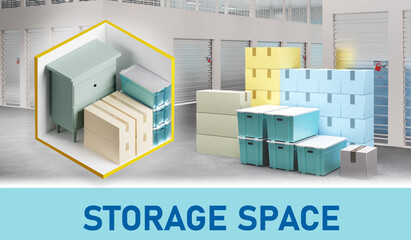 Storage space concept. Storage units for goods. Warehouse facilities to rent. Rental storehouse. Advertising a warehouse for personal items. Storage during renovation or relocation. 3d image