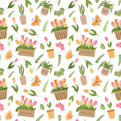Spring floral pattern with pink, yellow, orange tulips and plants in crates, baskets, pots, butterflies. Isolated on white background. Spring gardening background.
