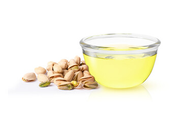 Pistachio oil with nuts isolated on white background.