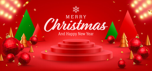Merry Christmas and Happy New Year Promotion Poster or banner with product podium, spotlight, christmas ball and christmas element for Retail,Shopping or Christmas Promotion.