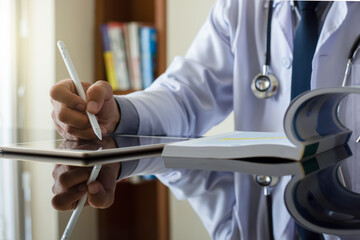 male doctor in white lab coat reading book and work on digital tablet  computer on the desk at...