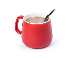 Red cup of hot chocolate milk with spoon isolated on white background with clipping path.