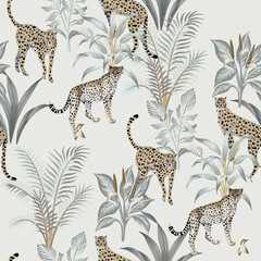 Vintage tropical plant, leopard, cheetah animal floral seamless pattern grey background. Exotic jungle wallpaper.