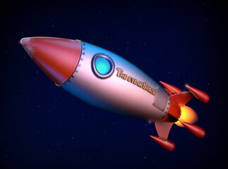 Little rocket ship flying in the starry space . 3D illustration