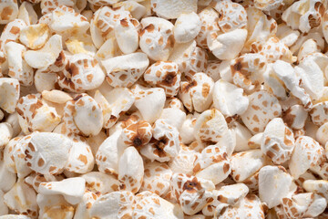 Detailed and large close up shot of puffed buckwheat.