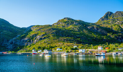 Fototapeta na wymiar View over the harbor of Moskenes, Lofoten islands, Norway 