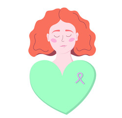 Breast cancer awareness month concept. World Cancer Day in October. Cute redhead woman with support tape. Flat vector cartoon isolated on white background. Vector illustraion. Pink ribbon.
