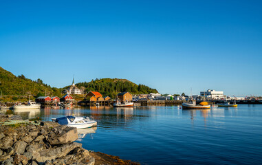 Fototapeta premium View over the harbor of Moskenes, Lofoten islands, Norway 