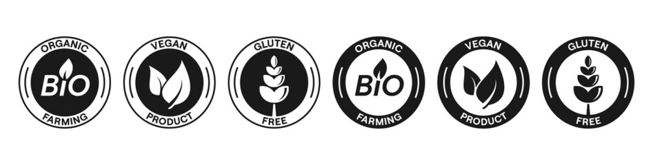 Bio, Vegan, Gluten-Free labels black vector set. Isolated food packaging stamp icons. Organic farming, vegan product, gluten free symbols collection. Product certification signs, vector illustration.