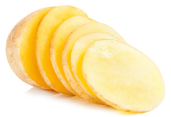 Sliced potatoes. Cut raw potato vegetables isolated on white background with clipping