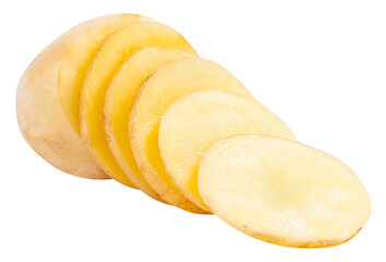 Sliced potatoes. Cut raw potato vegetables isolated on white background with clipping