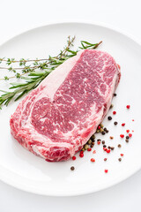 Close up beef rib eye steak isolated on white