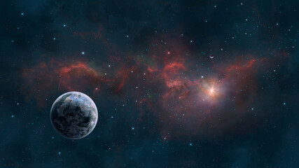 Obraz na płótnie Canvas Space background. Colorful nebula in blue and red color with two planet. Elements furnished by NASA. 3D rendering