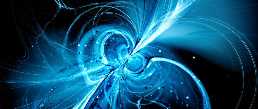 Blue glowing spinning neutron star in space abstract background