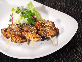 portion of grilled chicken wings skewers with mix salad on a plate on dark background