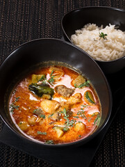 Chicken tikka masala spicy curry meat food, butter chicken with rice