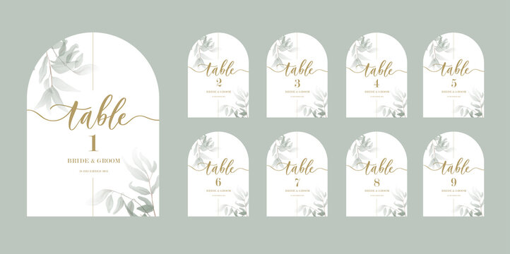 Wedding calligraphy guests seating cards, template with numbers and green leaves.