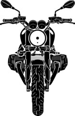 Classic motorcycle chopper. Vector black and white silhouette, hand-drawn graphics. Life style on the road, travel across the country on 2 wheels. Transport illustration. Large round front headlight.